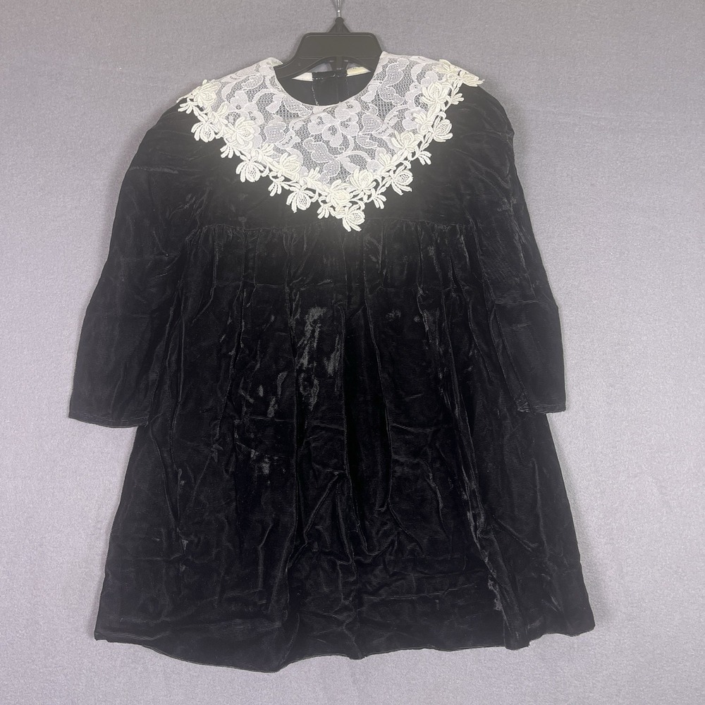 Courtney Ann Velvet Dress Girls 4T Black Ivory Lace Pearl Buttons Vintage 80s